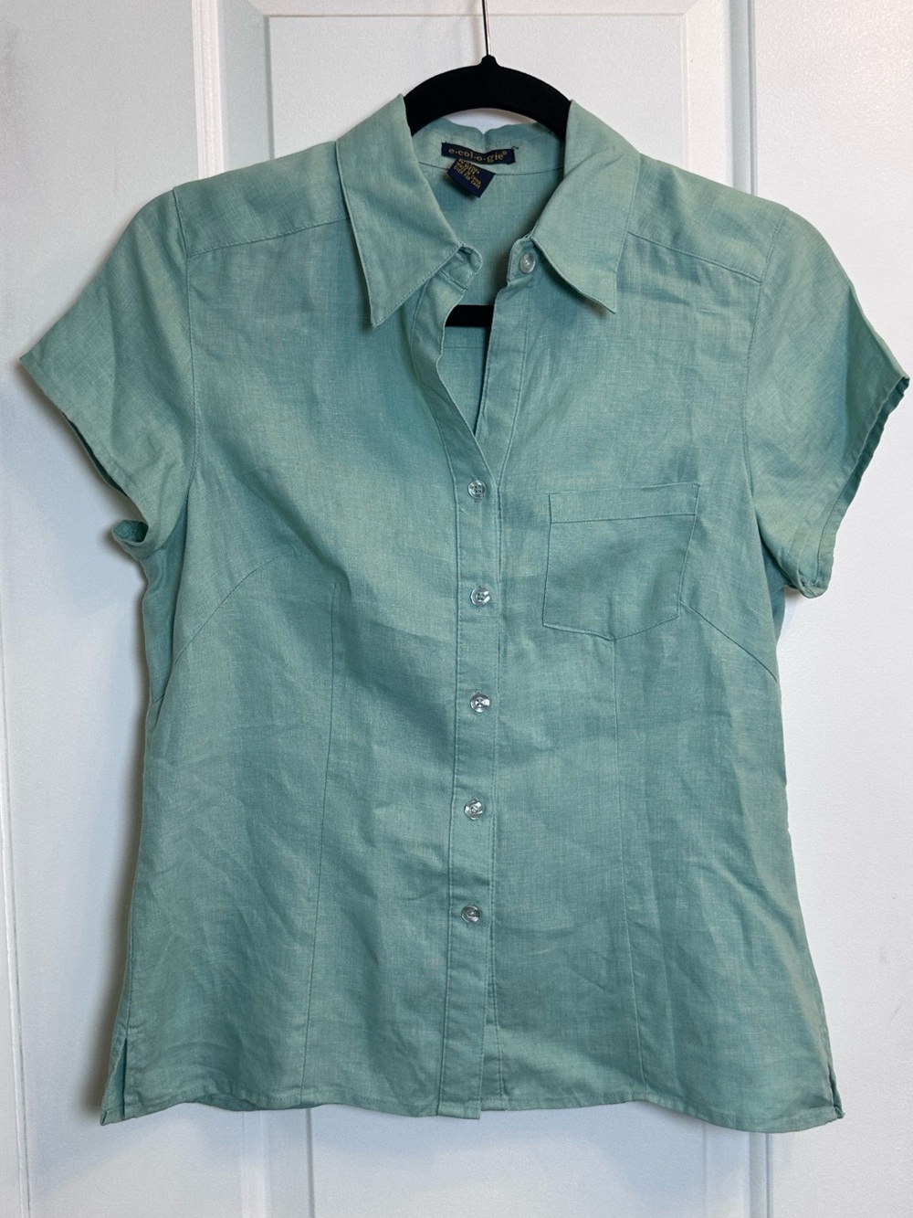 Ecologie Sage Green 100% Linen Button Front Blouse Short Sleeve Top Women Small